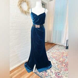 Davids Bridal Blue Sparkle Velvet Maxi Dress with Faux Wrap Top